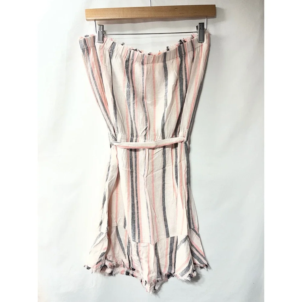 Cloth & Stone Womens Strapless Striped Romper Pink Navy Linen Blend Fringe - Med - Picture 3 of 3
